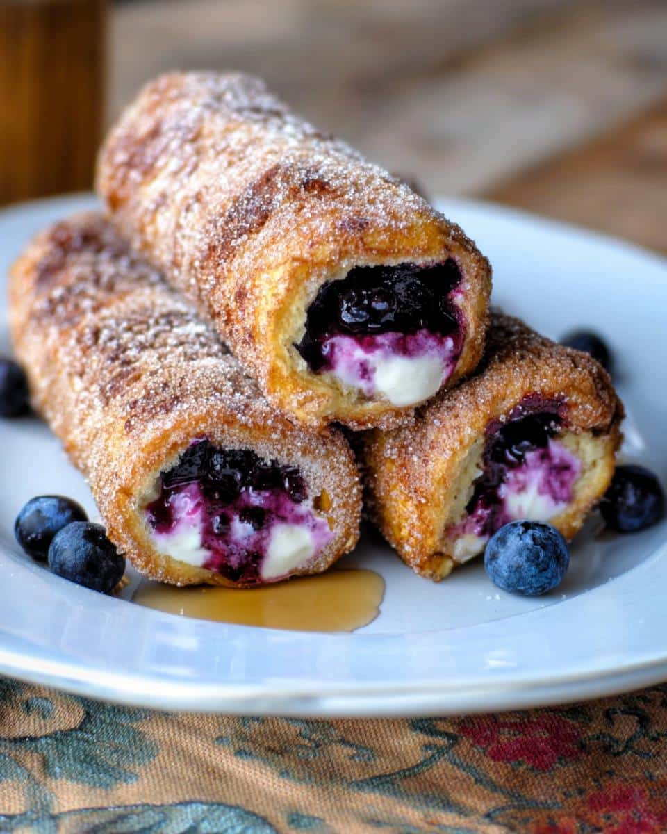Three Blueberry Cream Cheese French Toast Roll-Ups dusted with cinnamon sugar on a plate.