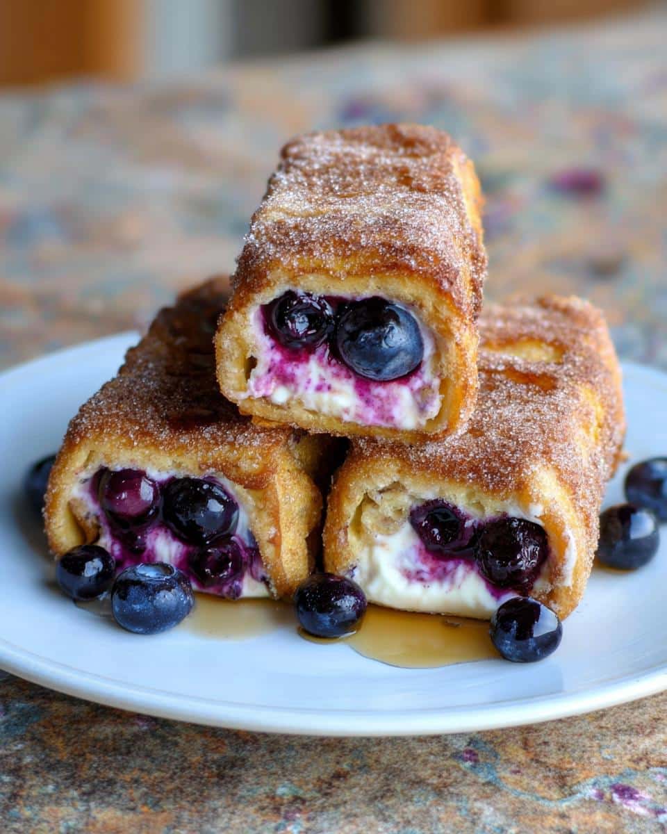 Close-up of stacked Blueberry Cream Cheese French Toast Roll-Ups dusted with cinnamon sugar.