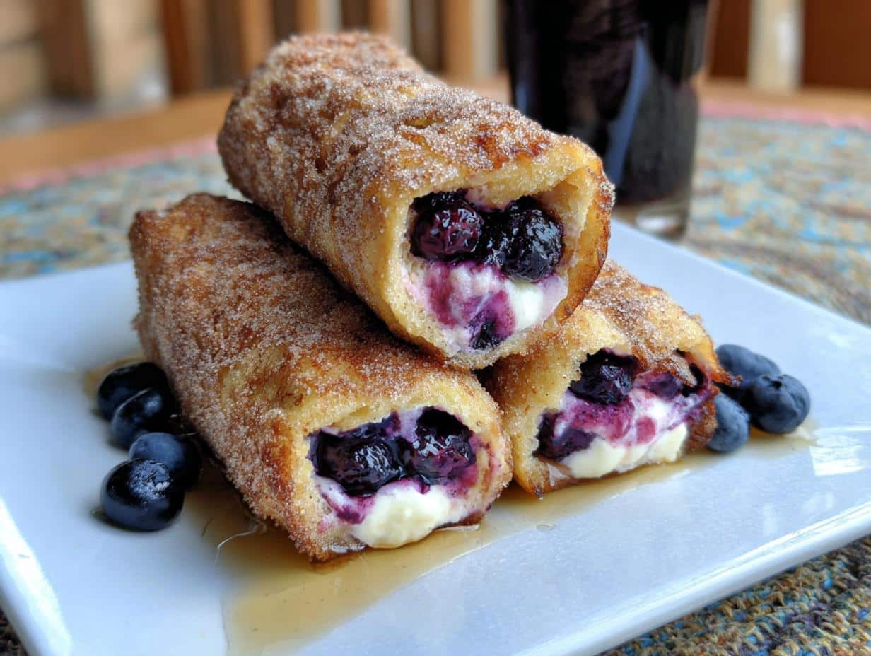 Three stacked Blueberry Cream Cheese French Toast Roll-Ups coated in cinnamon sugar, oozing filling.