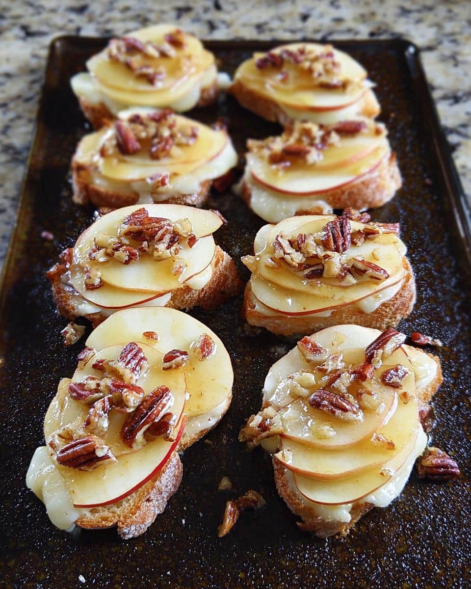 Six servings of warm Brie, Apple, and Honey Crostini topped with pecans on a dark baking sheet.