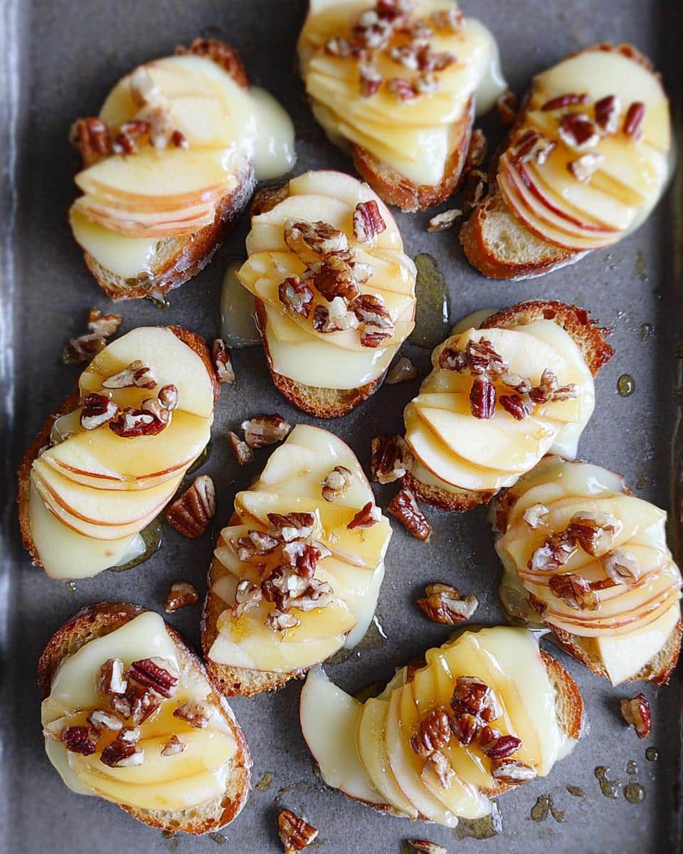 Overhead view of several Brie, Apple, and Honey Crostini topped with pecans on a baking sheet.