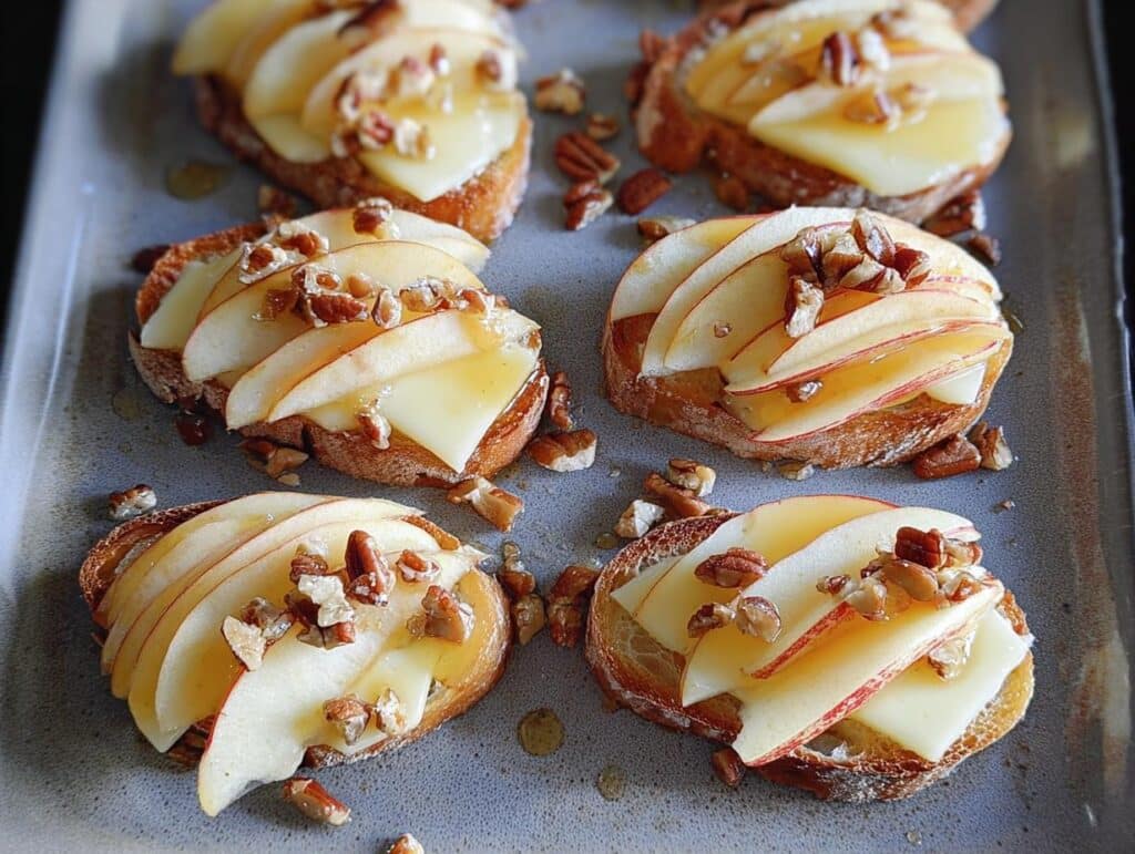 Four servings of Brie, Apple, and Honey Crostini topped with pecans and drizzled with honey on a gray tray.