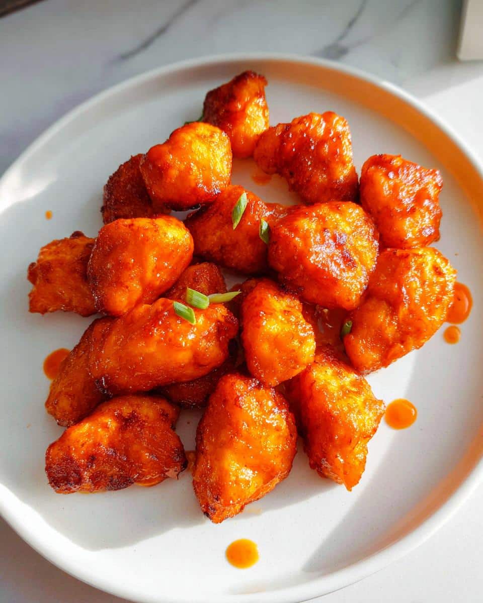 A pile of golden-brown Buffalo Air Fryer Chicken Bites coated in a glossy, spicy sauce, garnished with green onions.