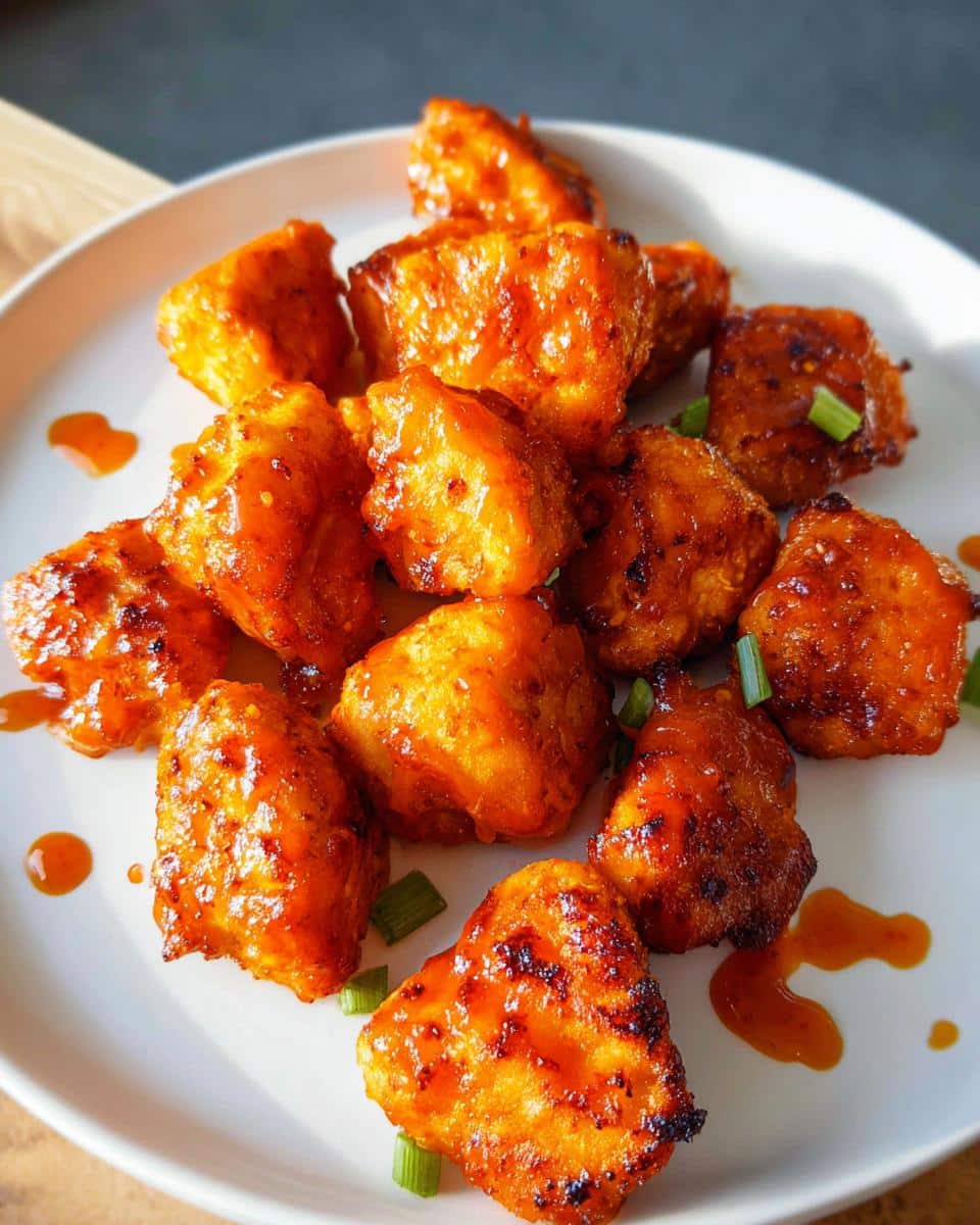 A plate of golden-brown Buffalo Air Fryer Chicken Bites coated in a glossy, spicy sauce, garnished with green onions.