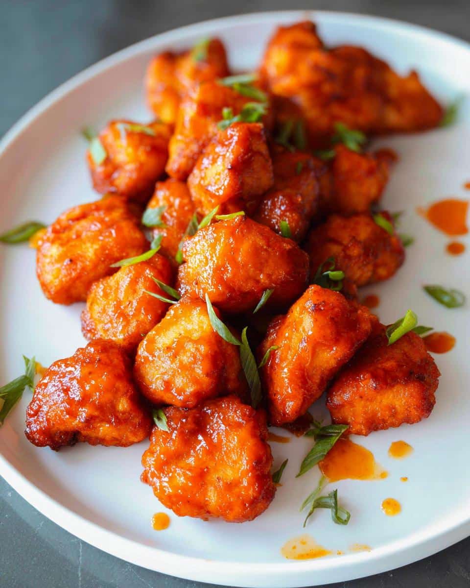 A plate of golden-brown Buffalo Air Fryer Chicken Bites coated in spicy sauce and garnished with green onions.