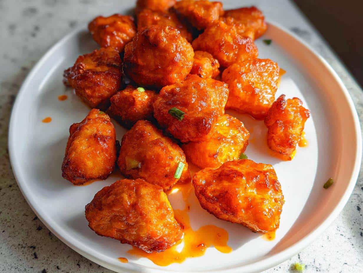 A close-up shot of a plate filled with crispy Buffalo Air Fryer Chicken Bites, coated in a vibrant orange sauce and garnished with green onions.