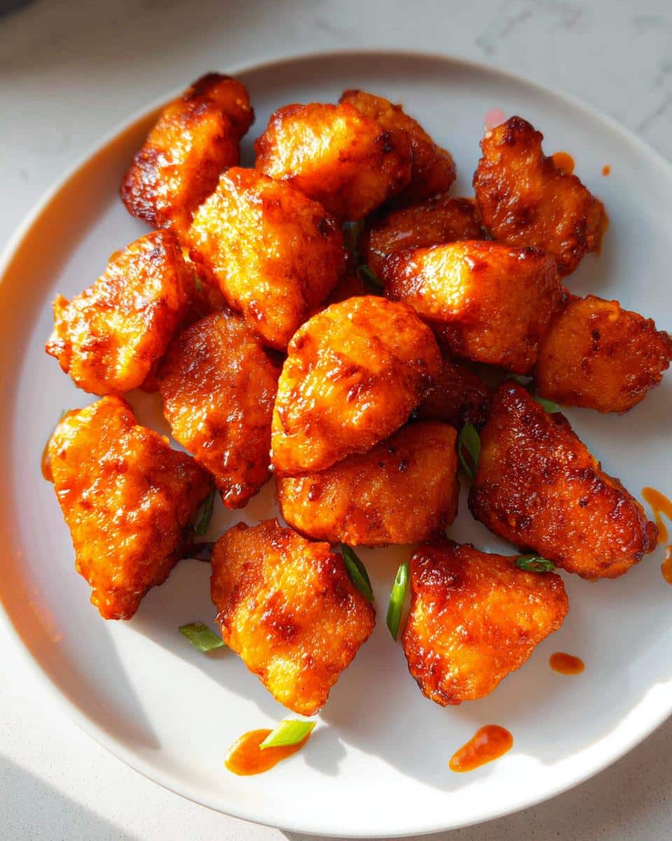 A platter filled with golden-brown Buffalo Air Fryer Chicken Bites, drizzled with sauce and garnished with green onions.