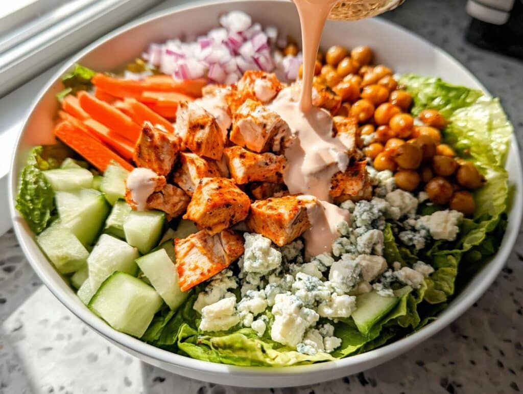 A delicious Buffalo Chicken Salad Bowl being drizzled with creamy dressing, featuring chicken, chickpeas, blue cheese, carrots, cucumber, and red onion.