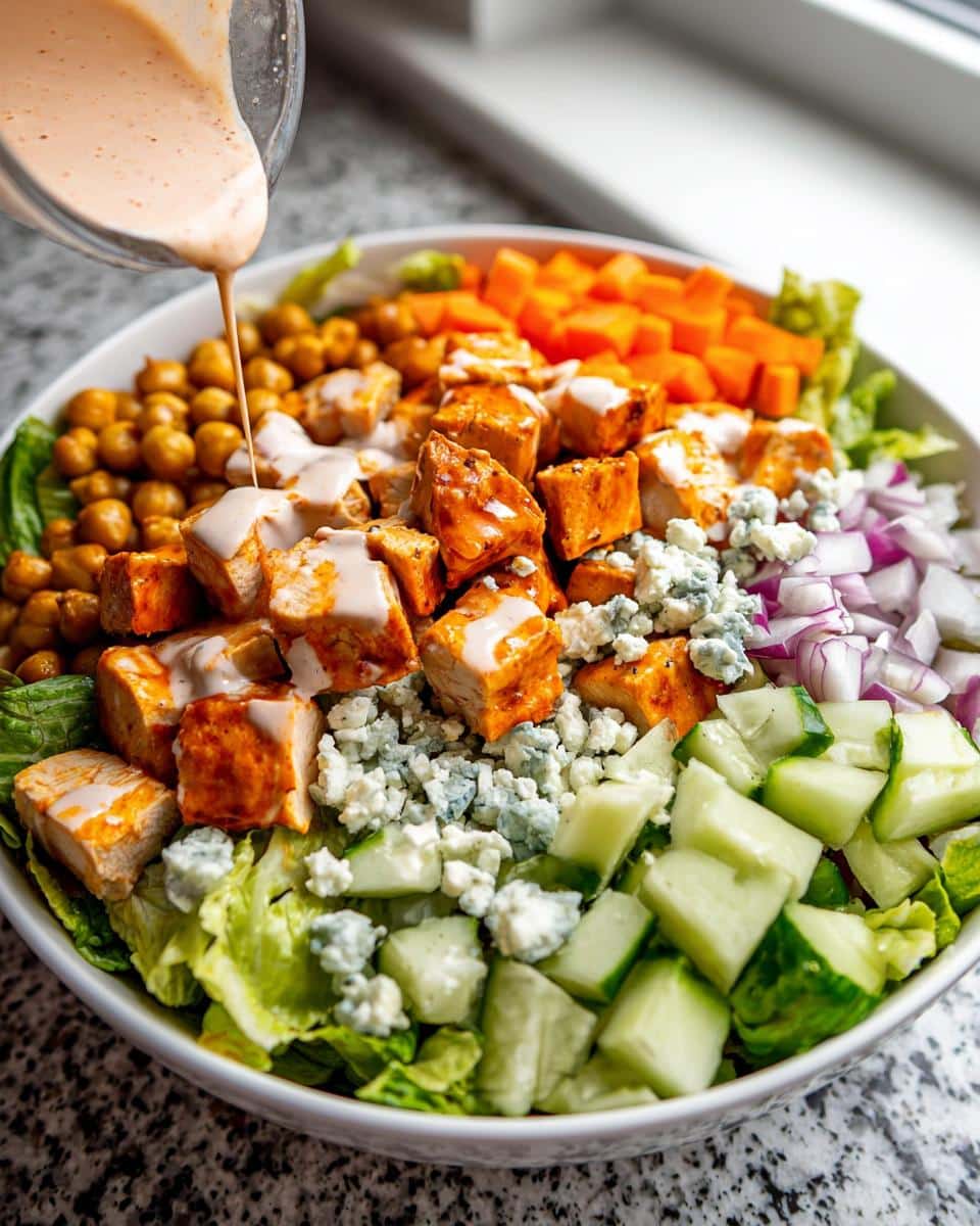Close-up of Buffalo Chicken Salad Bowls being drizzled with creamy dressing, featuring chicken, chickpeas, carrots, cucumber, red onion, and blue cheese.