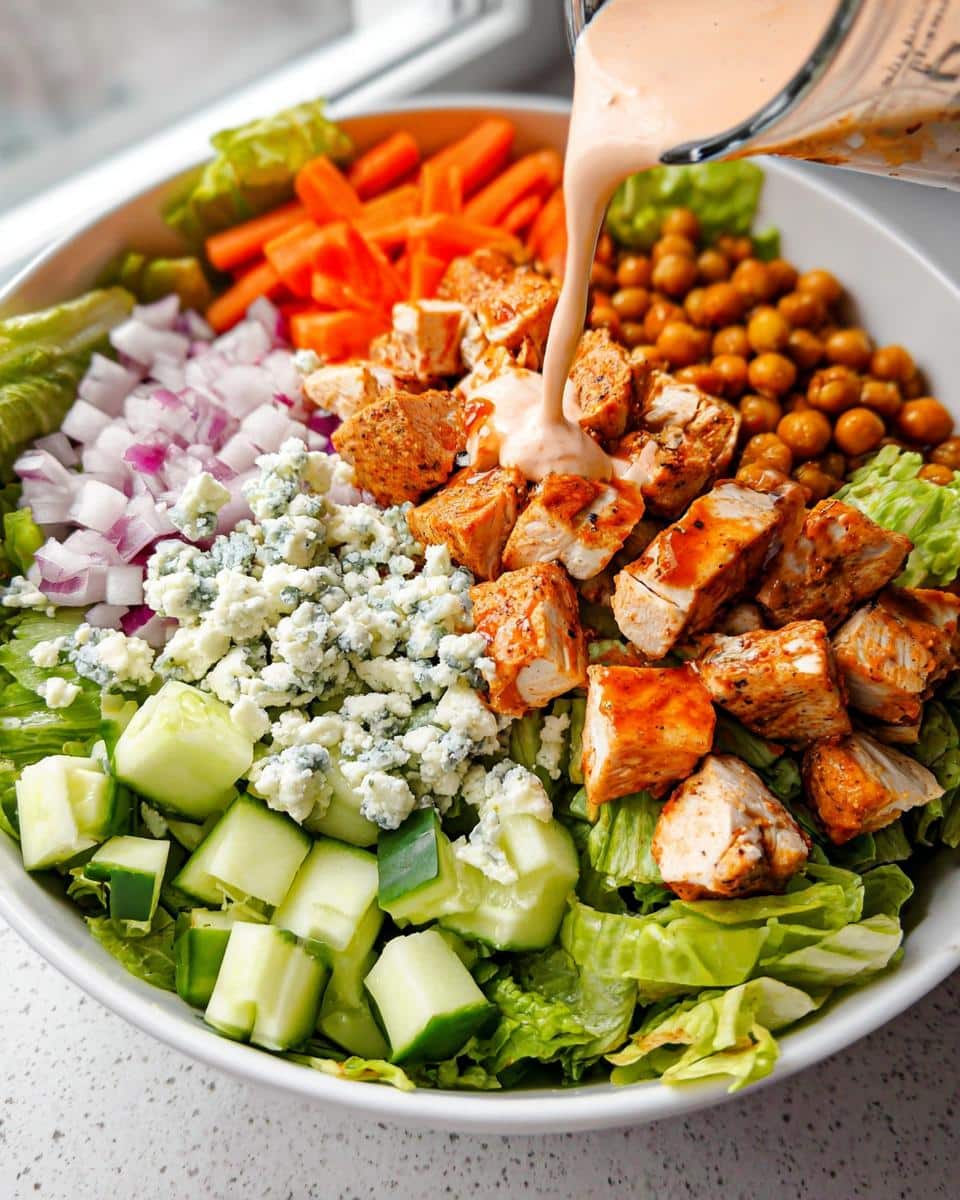 Pouring dressing over a Buffalo Chicken Salad Bowl with chicken, lettuce, blue cheese, cucumber, carrots, and chickpeas.