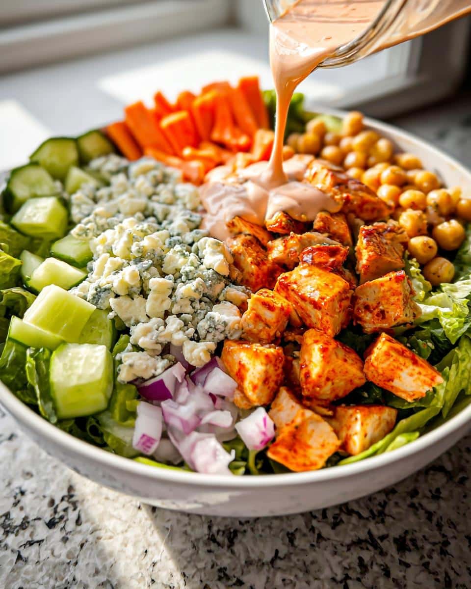 A close-up shot of Buffalo Chicken Salad Bowls being drizzled with dressing, featuring chicken, blue cheese, cucumber, carrots, and chickpeas.