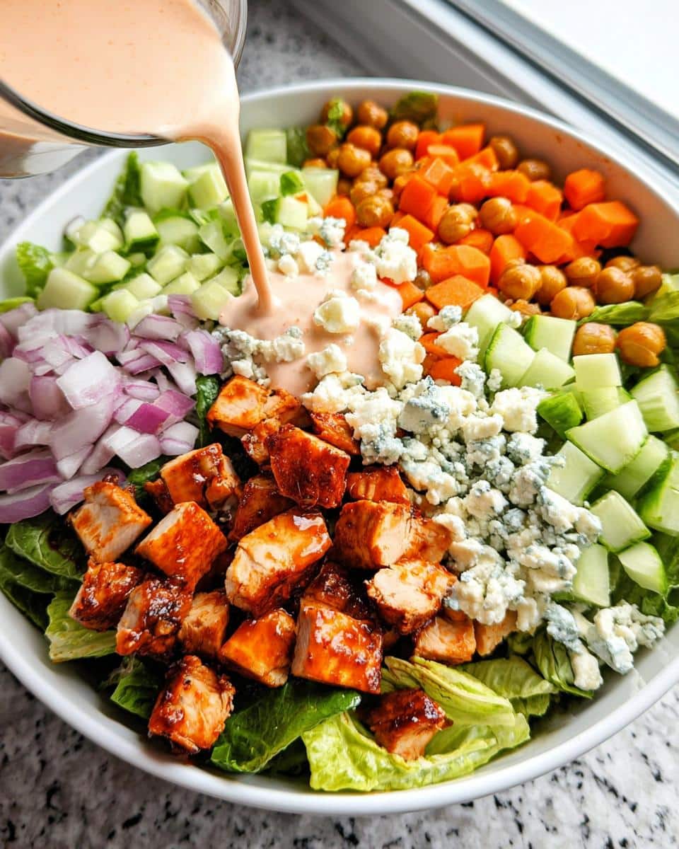 A close-up of Buffalo Chicken Salad Bowls being topped with creamy dressing, featuring chicken, cucumber, carrots, chickpeas, and blue cheese.