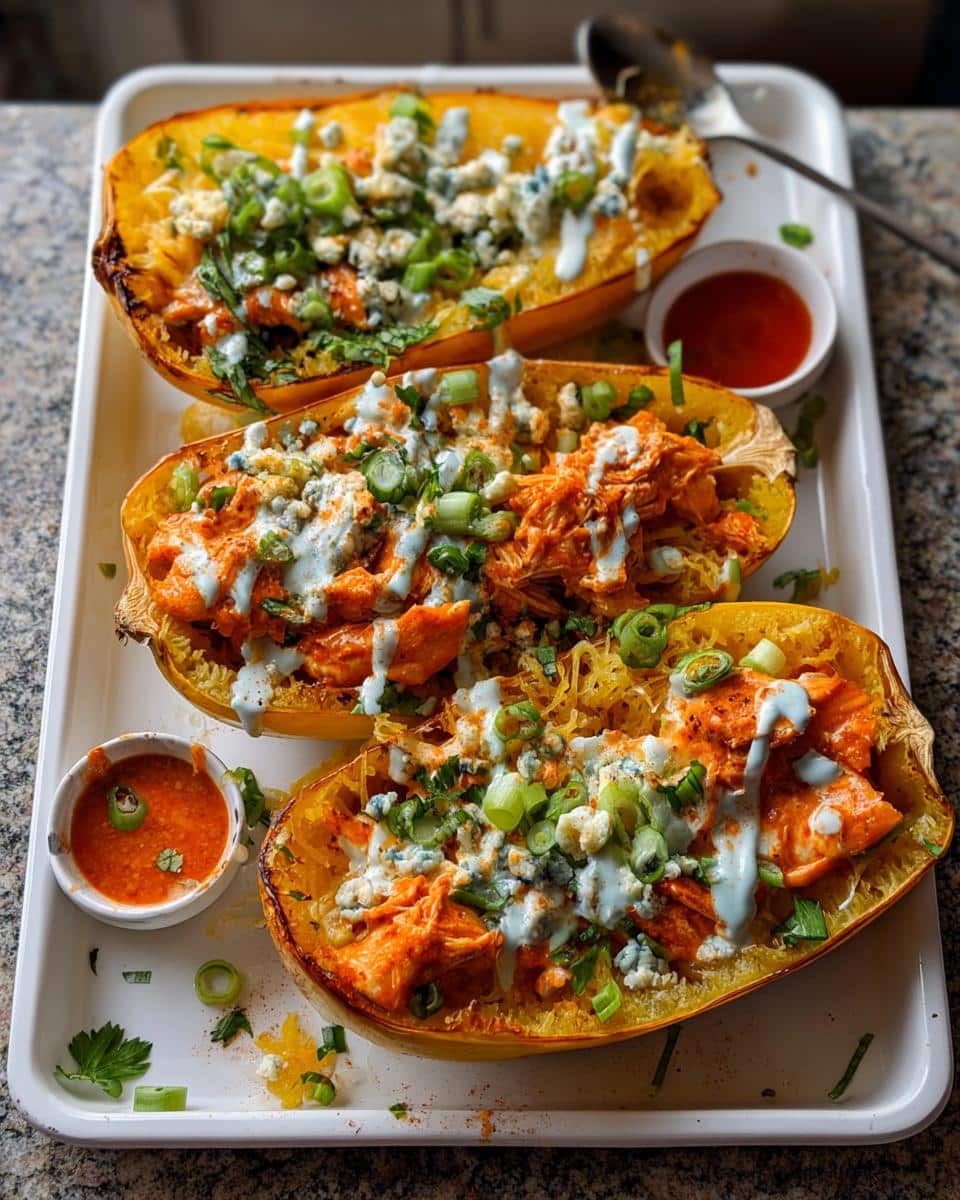 Three halves of roasted spaghetti squash filled with buffalo chicken, blue cheese crumbles, and green onions.