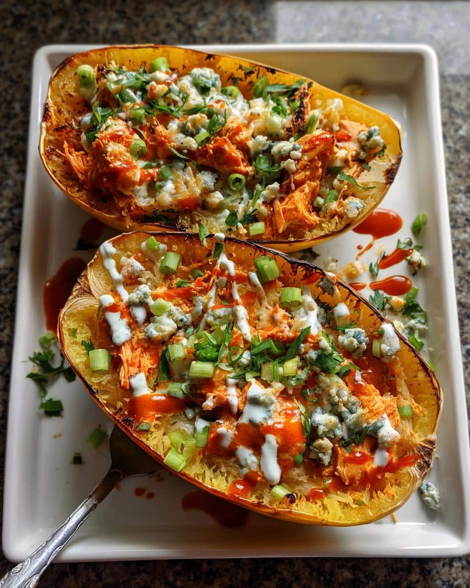 Two halves of baked spaghetti squash filled with shredded buffalo chicken, blue cheese, and green onions.