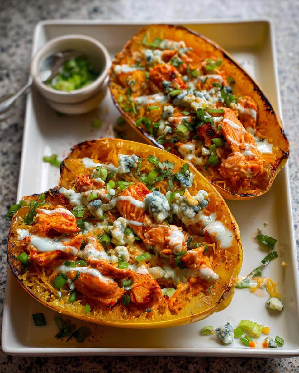 Two halves of Buffalo Chicken Spaghetti Squash topped with shredded chicken, blue cheese crumbles, and a drizzle of ranch.