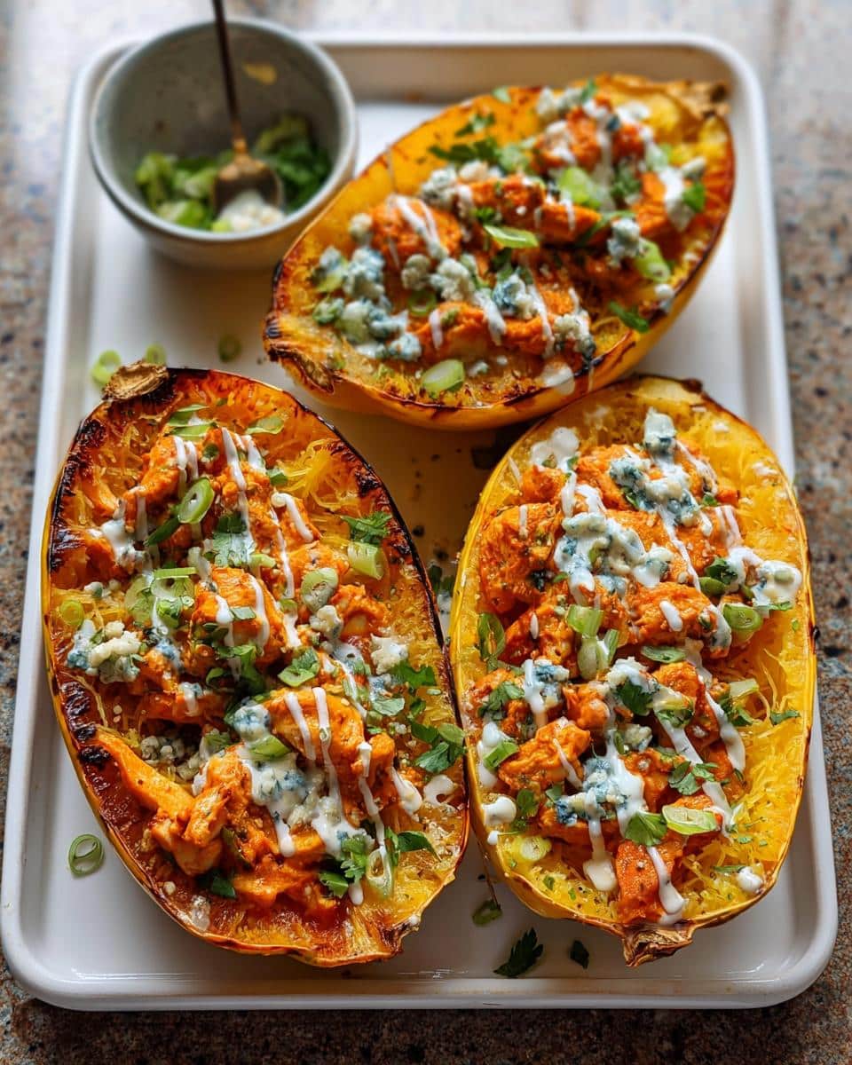 Three halves of roasted spaghetti squash filled with buffalo chicken, blue cheese, and green onions.