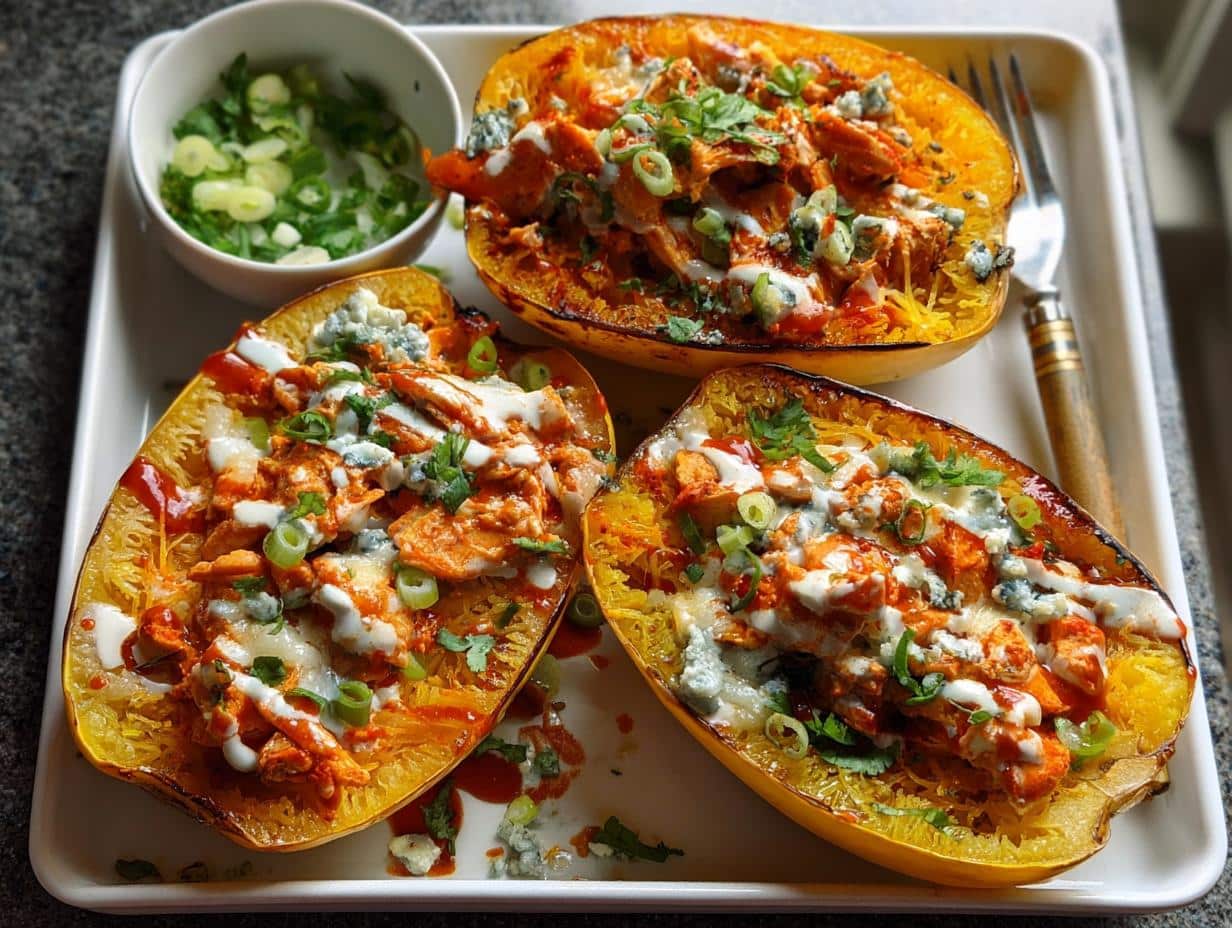 Three halves of baked spaghetti squash filled with buffalo chicken, blue cheese, and green onions.