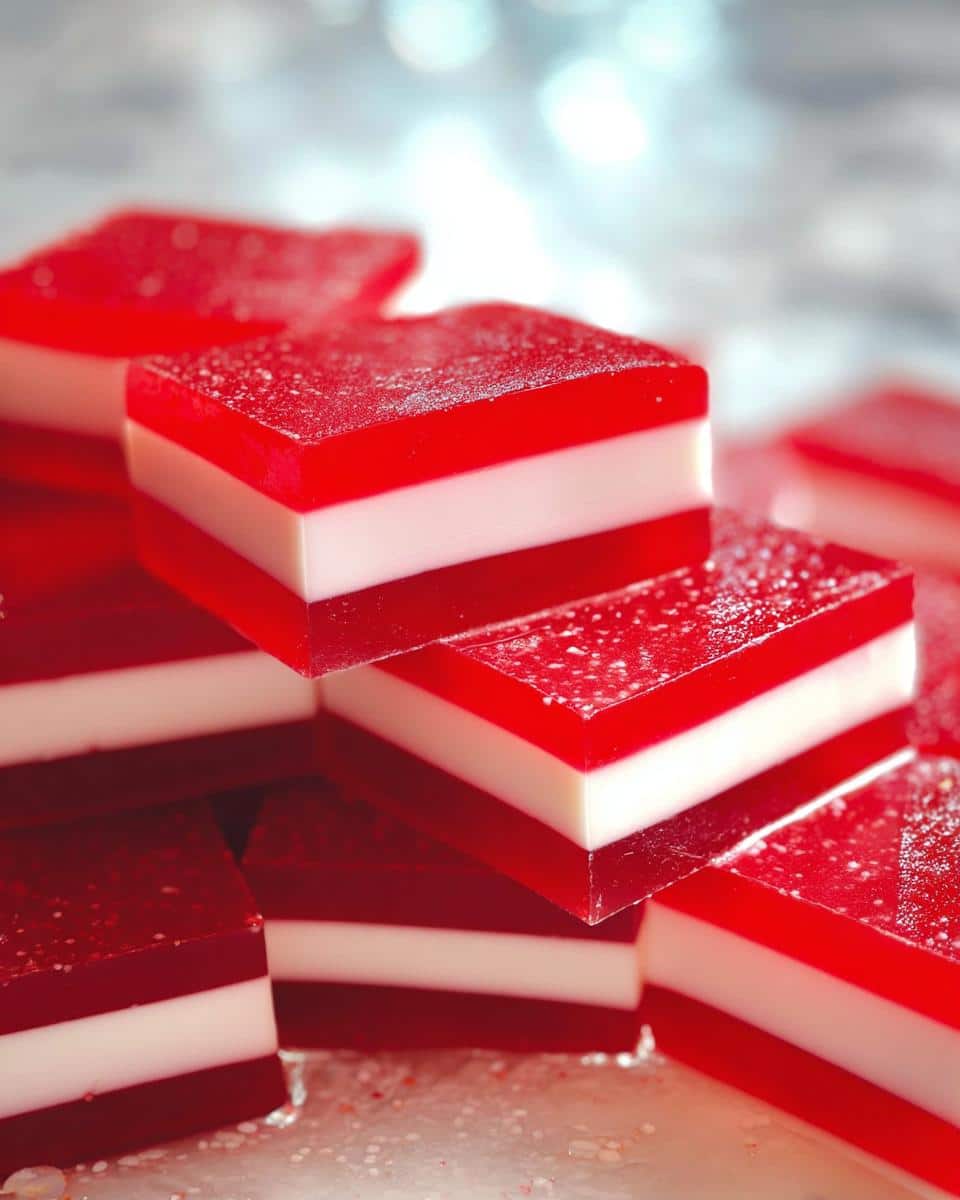 Close-up of stacked red and white Candy Cane Jello Shots, glistening and festive.