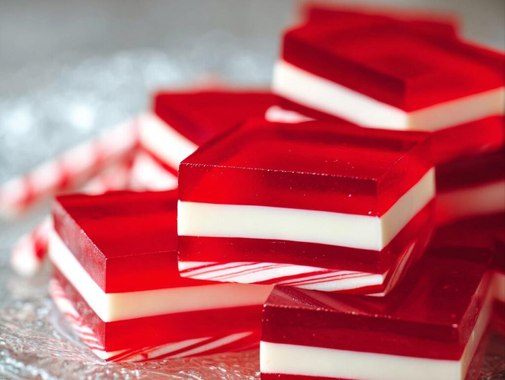 Close-up of stacked Candy Cane Jello Shots, featuring alternating layers of red and white jello with candy cane stripes.