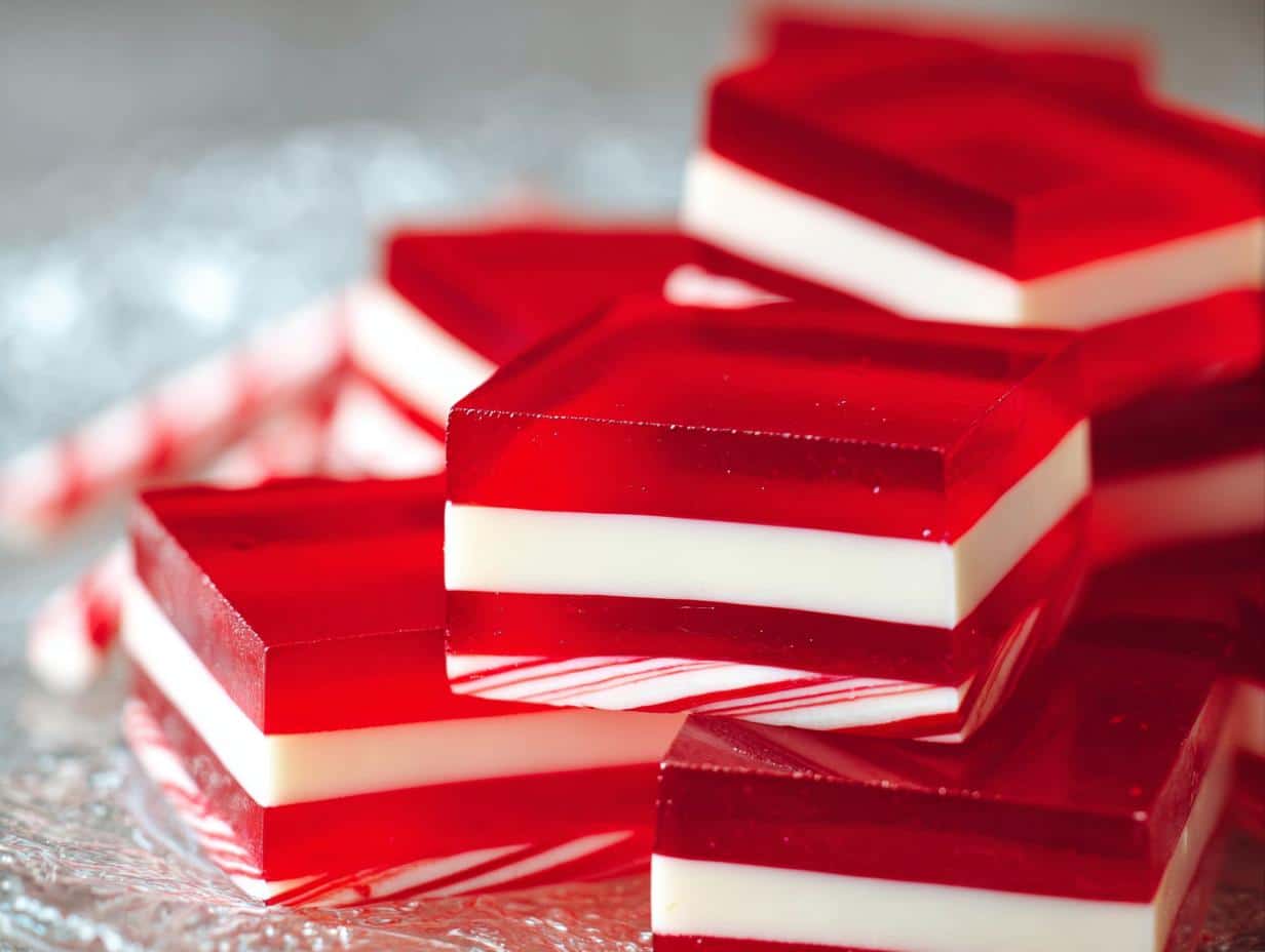 Close-up of stacked Candy Cane Jello Shots, featuring alternating layers of red and white jello with candy cane stripes.