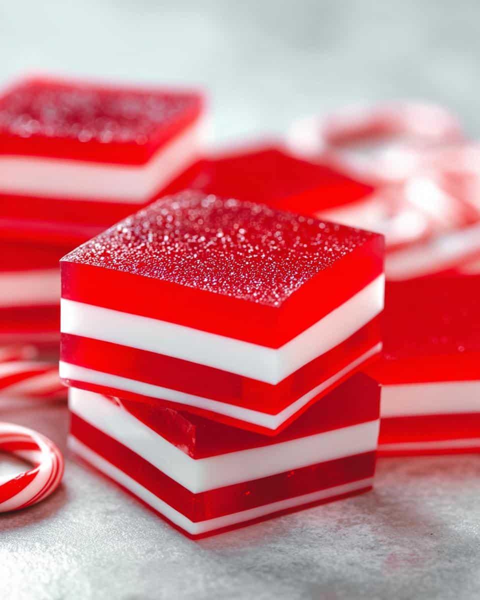Close-up of stacked Candy Cane Jello Shots, featuring alternating red and white layers with a sparkly red top.