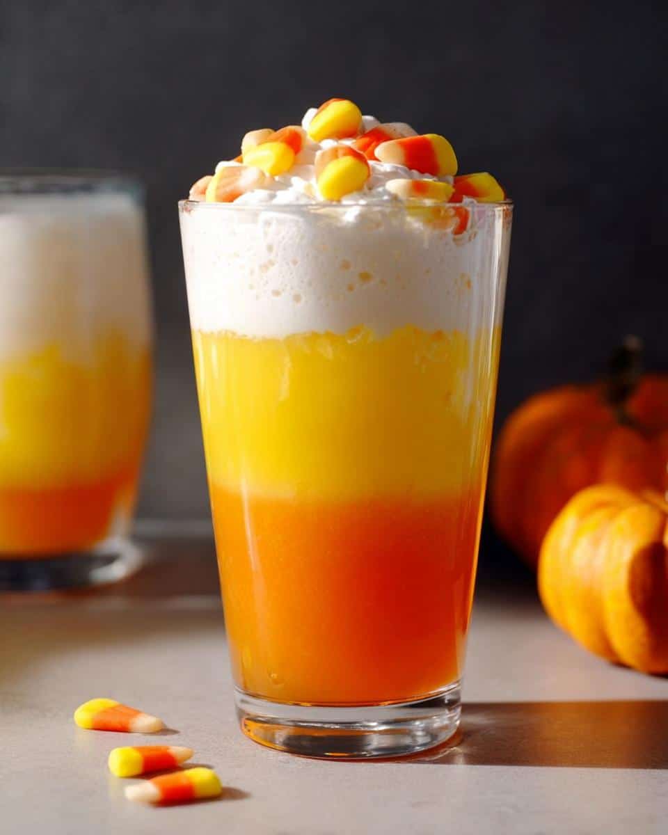 A festive Candy Corn Layered Punch in a glass, topped with whipped cream and candy corn, with pumpkins in the background.