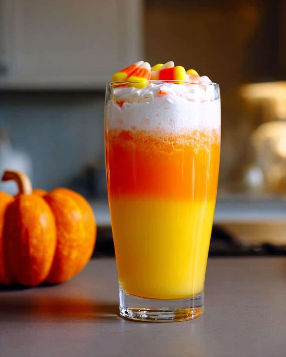 A tall glass of Candy Corn Layered Punch with distinct yellow and orange layers, topped with whipped cream and candy corn.