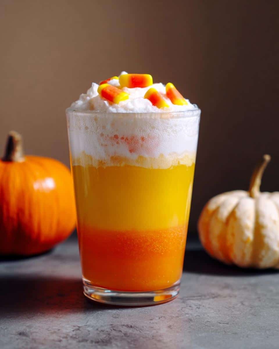 A festive Candy Corn Layered Punch in a glass, topped with whipped cream and candy corn pieces, with pumpkins in the background.