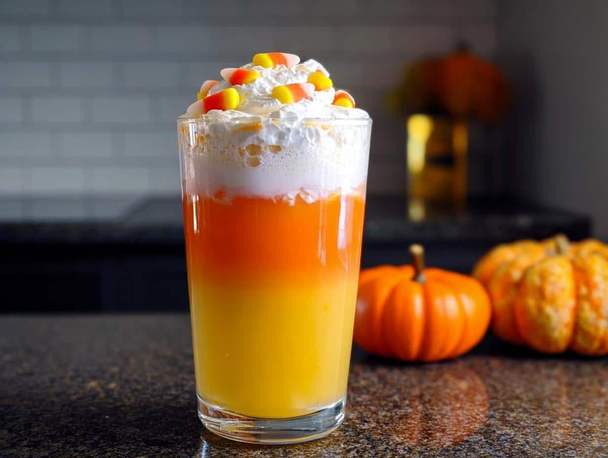 A festive Candy Corn Layered Punch in a glass, topped with whipped cream and candy corn pieces. Features distinct yellow, orange, and white layers.