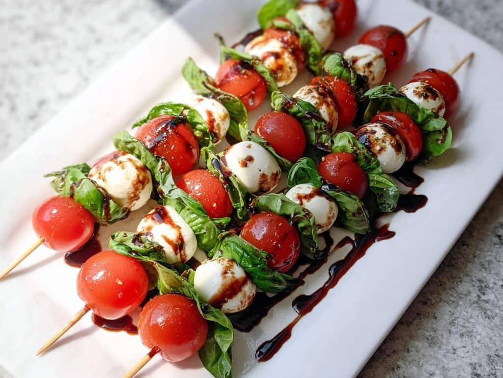 Close-up of Caprese Skewers with cherry tomatoes, mozzarella balls, basil, and balsamic drizzle.