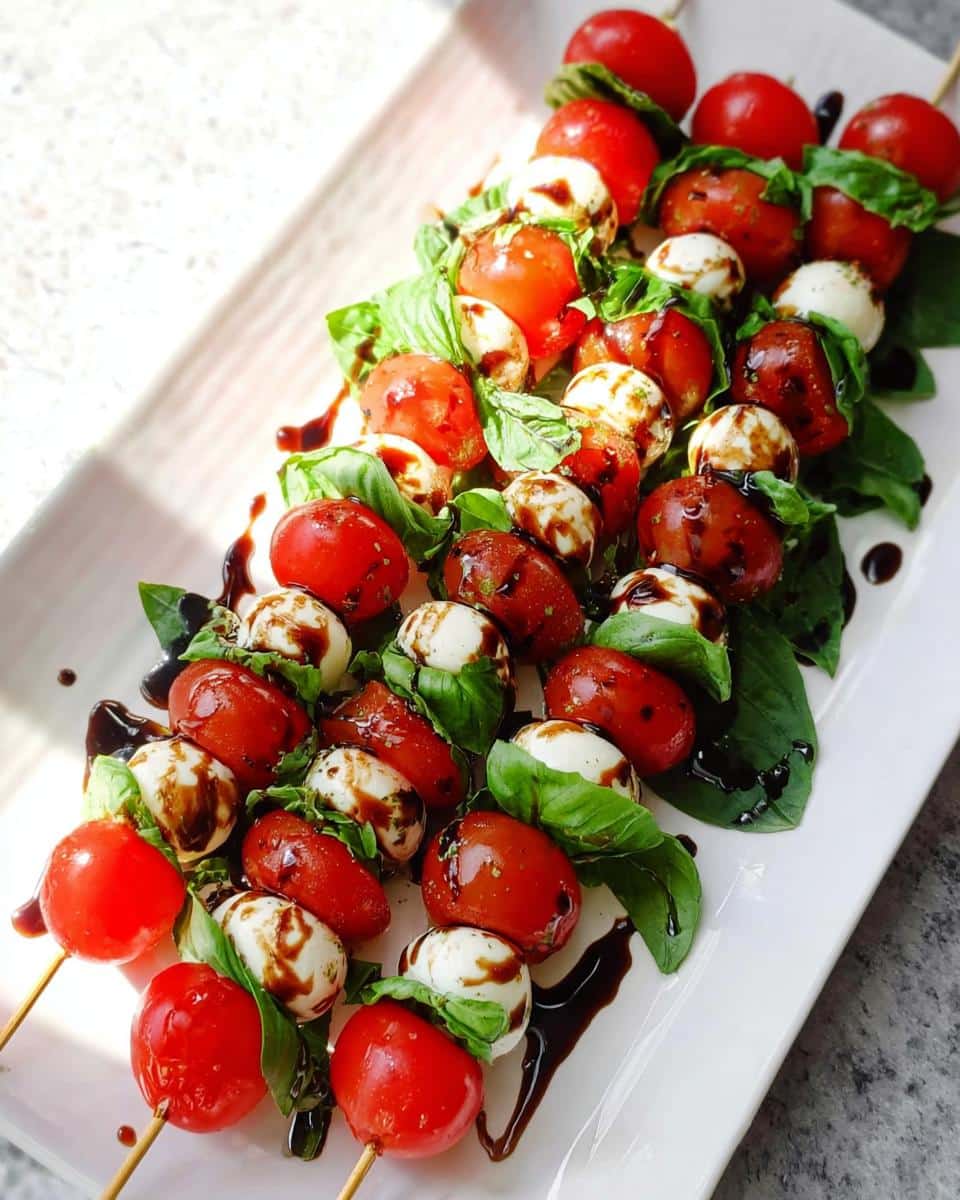Close-up of Caprese Skewers with cherry tomatoes, mozzarella balls, basil, and balsamic drizzle on a white platter.