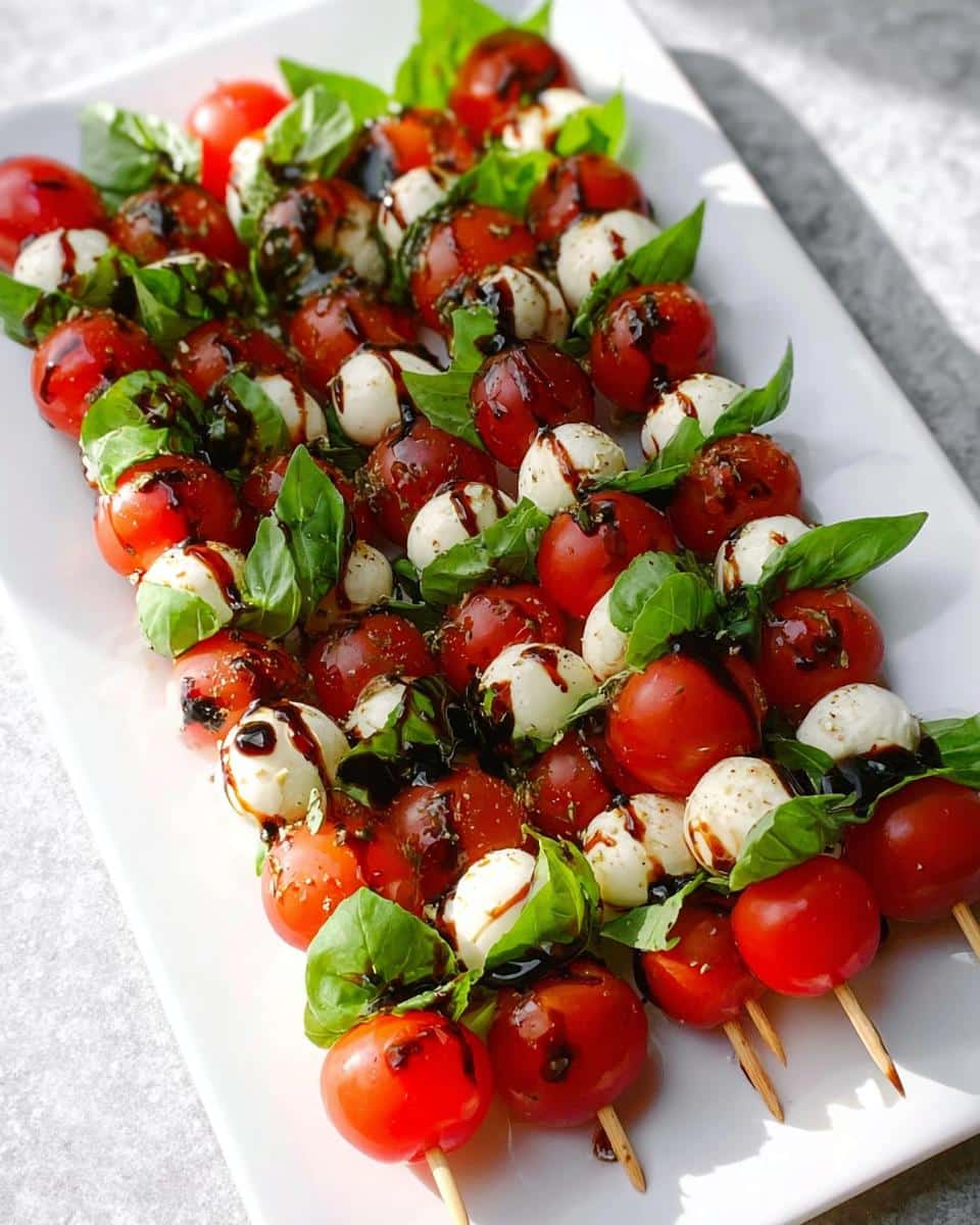 Close-up of Caprese Skewers with basil, cherry tomatoes, mozzarella balls, and basil balsamic drizzle.