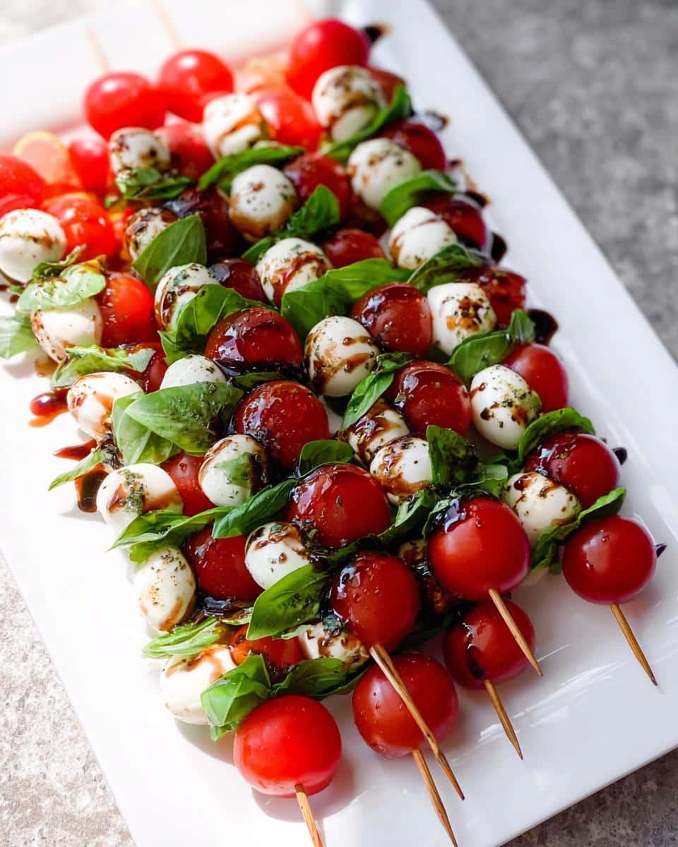 Close-up of Caprese Skewers with cherry tomatoes, mozzarella balls, basil, and balsamic drizzle on a white platter.