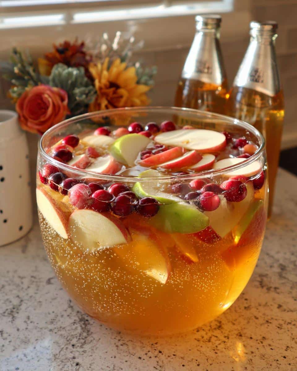 A large glass punch bowl filled with bubbly Caramel Apple Punch, garnished with fresh apple slices and cranberries.