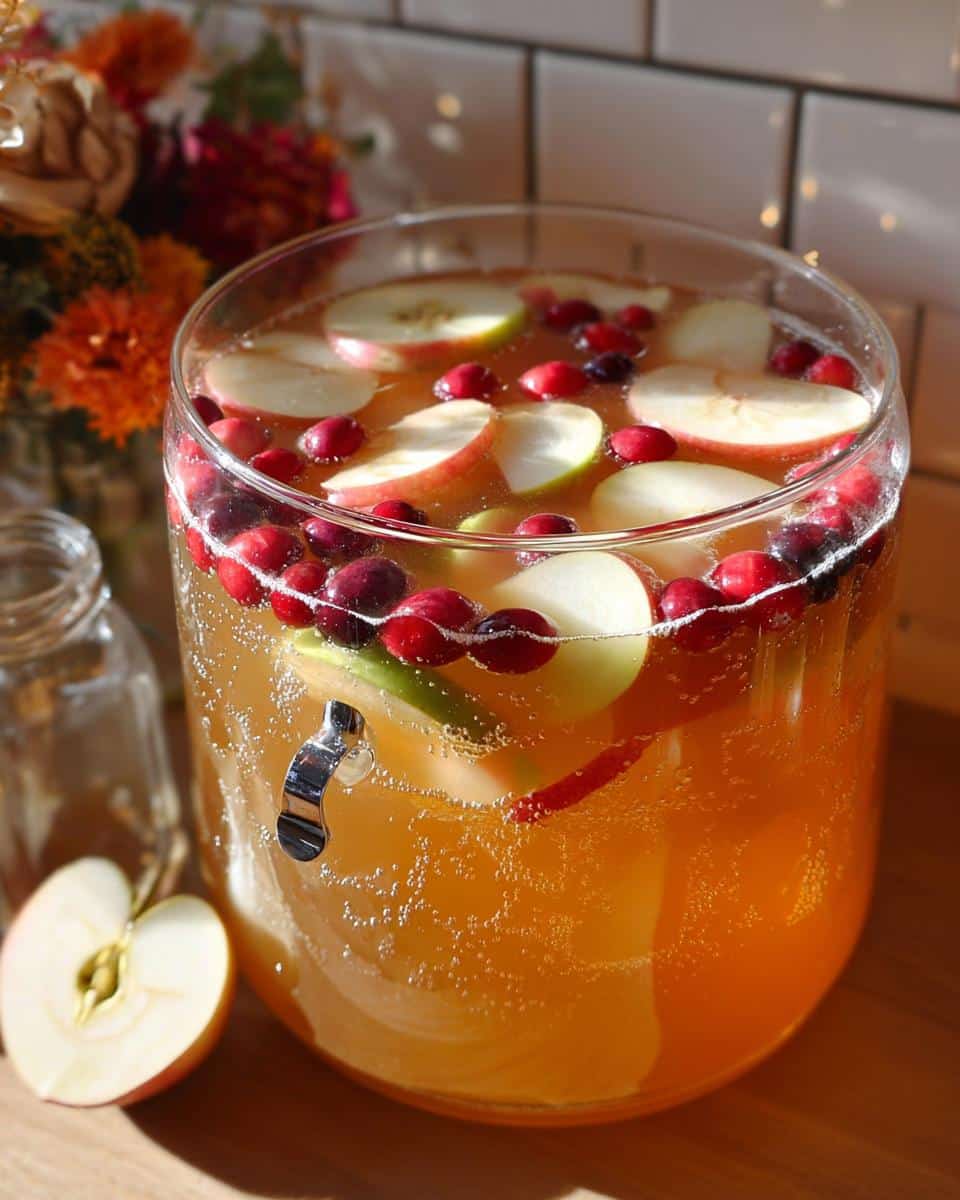 A large glass dispenser filled with bubbly Caramel Apple Punch, garnished with apple slices and cranberries.