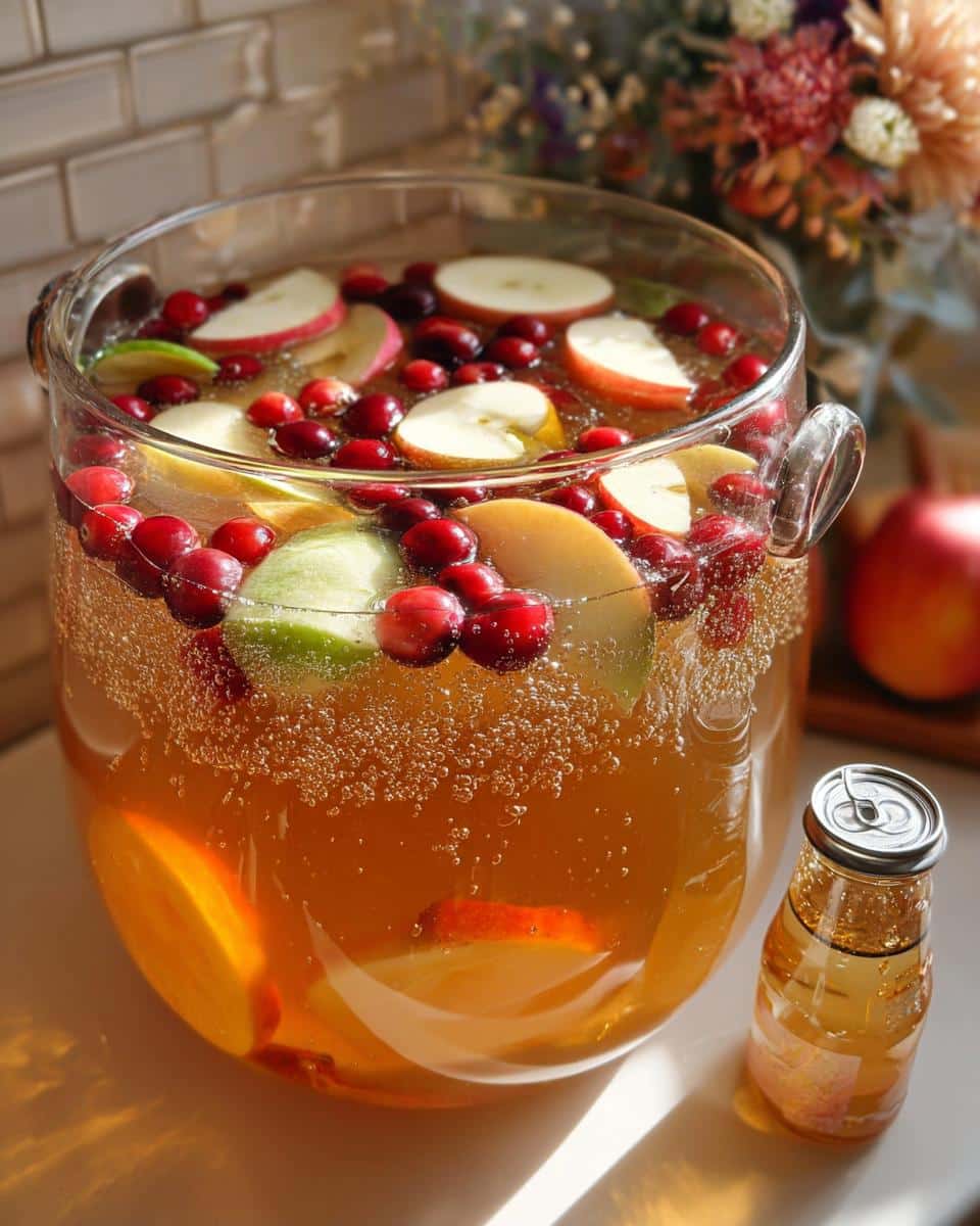 A large glass bowl filled with bubbly Caramel Apple Punch, garnished with apple slices, cranberries, and orange slices.