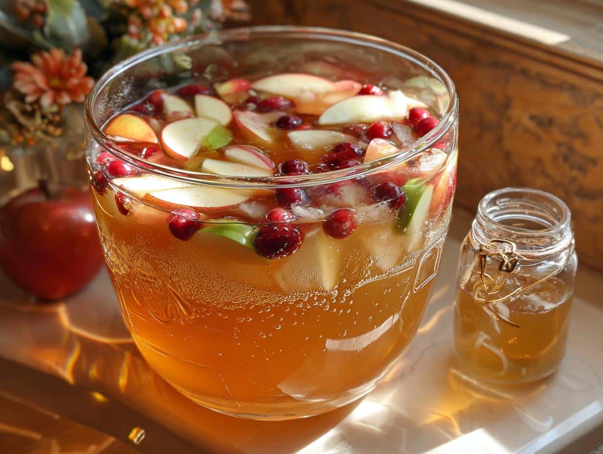 A large glass bowl filled with Caramel Apple Punch, garnished with apple slices and cranberries.