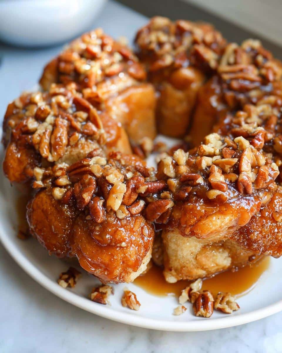 A close-up of gooey Caramel Pecan Monkey Bread on a white plate, drizzled with caramel sauce and topped with toasted pecans.
