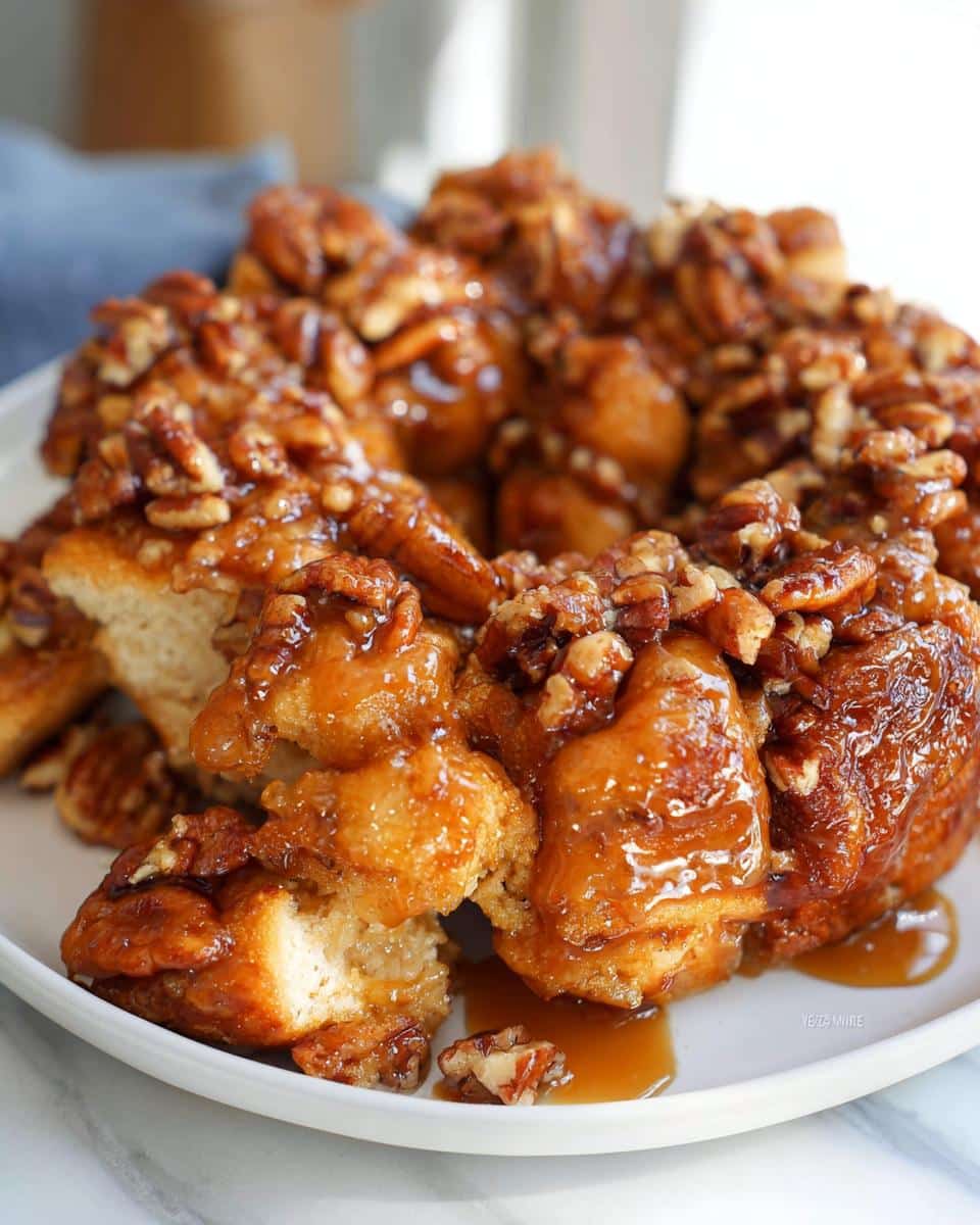 A close-up shot of a Caramel Pecan Monkey Bread on a white plate, drizzled with caramel and topped with chopped pecans.