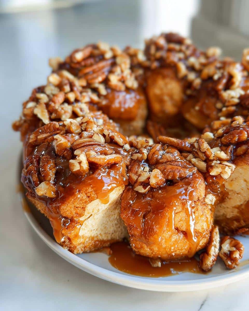 Close-up of Caramel Pecan Monkey Bread on a white plate, with gooey caramel sauce and chopped pecans.