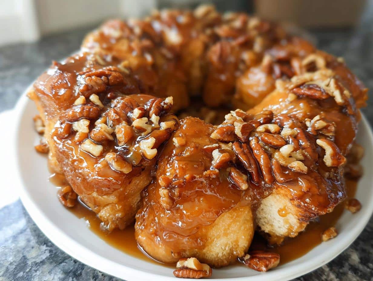 Close-up of a Caramel Pecan Monkey Bread on a white plate, dripping with gooey caramel sauce and topped with chopped pecans.