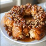 A close-up of a ring of Caramel Pecan Monkey Bread, drizzled with caramel sauce and topped with chopped pecans.