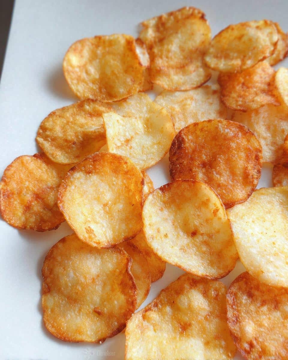 Close-up of freshly made, golden-brown Cheddar Sour Cream Potato Chips From Scratch scattered on a white surface.