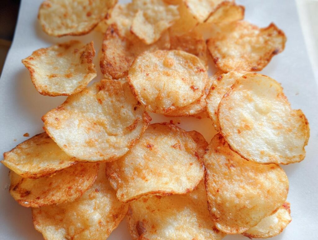 A pile of freshly made, golden-brown Cheddar Sour Cream Potato Chips From Scratch resting on white paper.