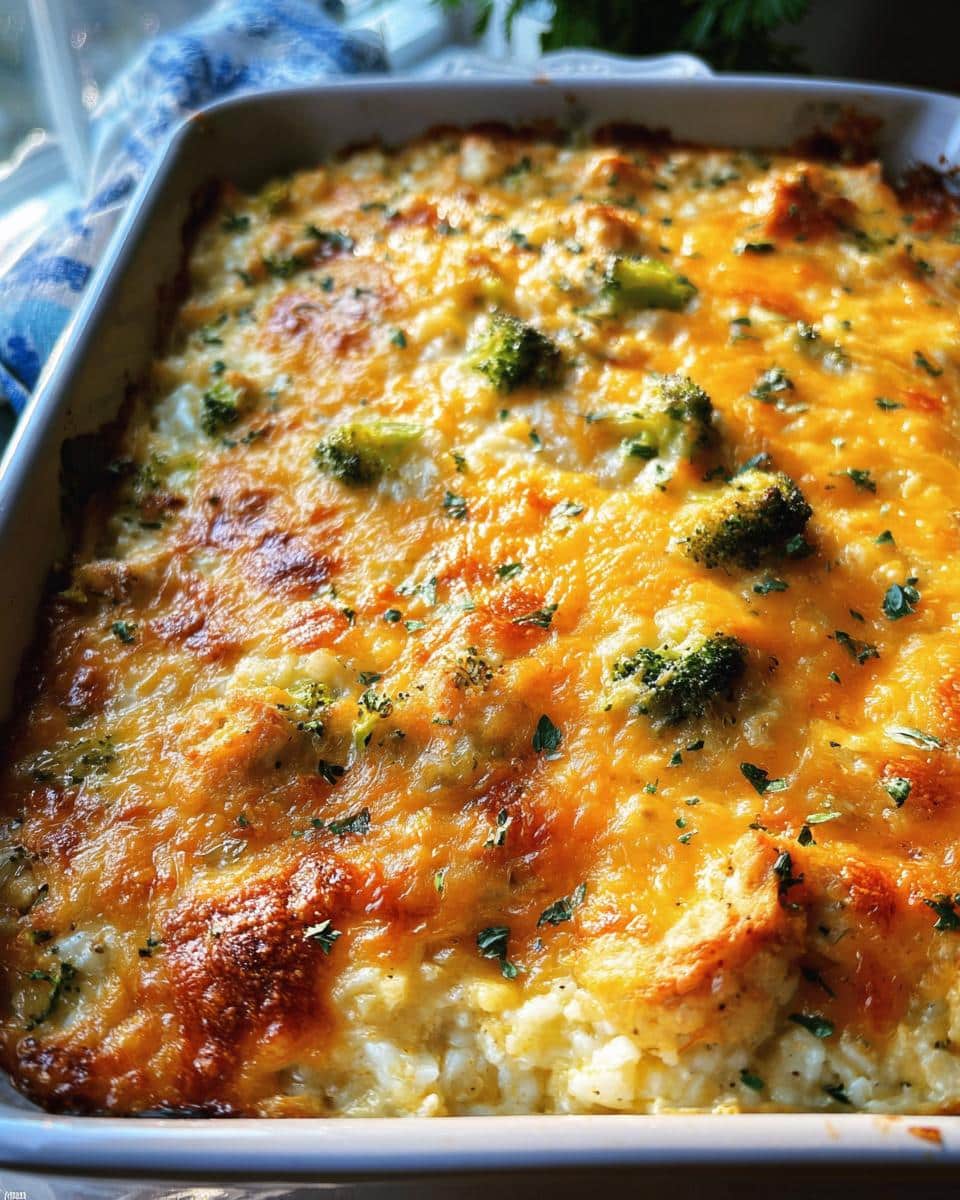 A close-up view of a freshly baked Cheesy Chicken Broccoli Casserole in a white baking dish, topped with melted golden cheese and parsley.