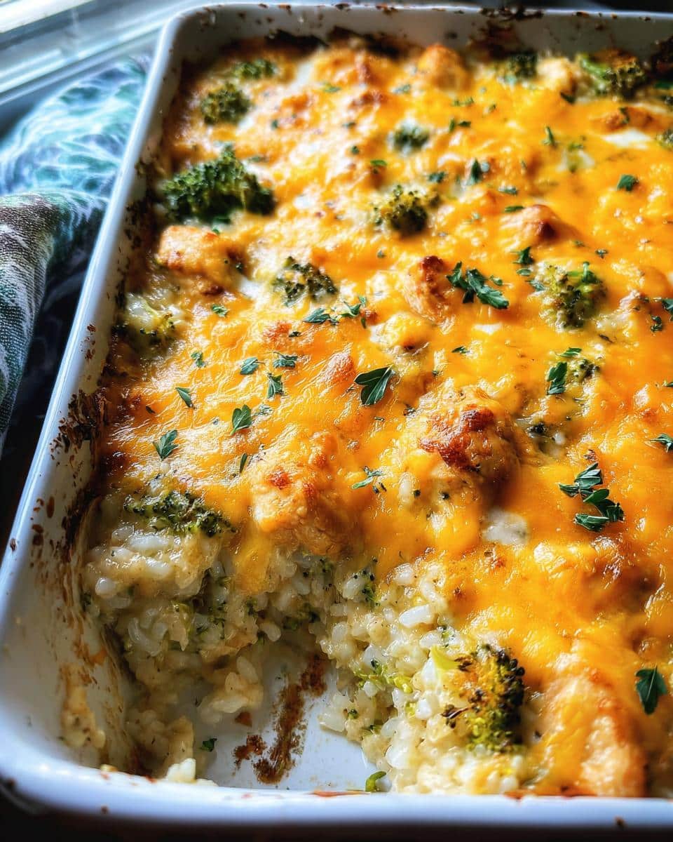 A close-up view of a Cheesy Chicken Broccoli Casserole baked in a white dish, topped with melted cheddar cheese and parsley.