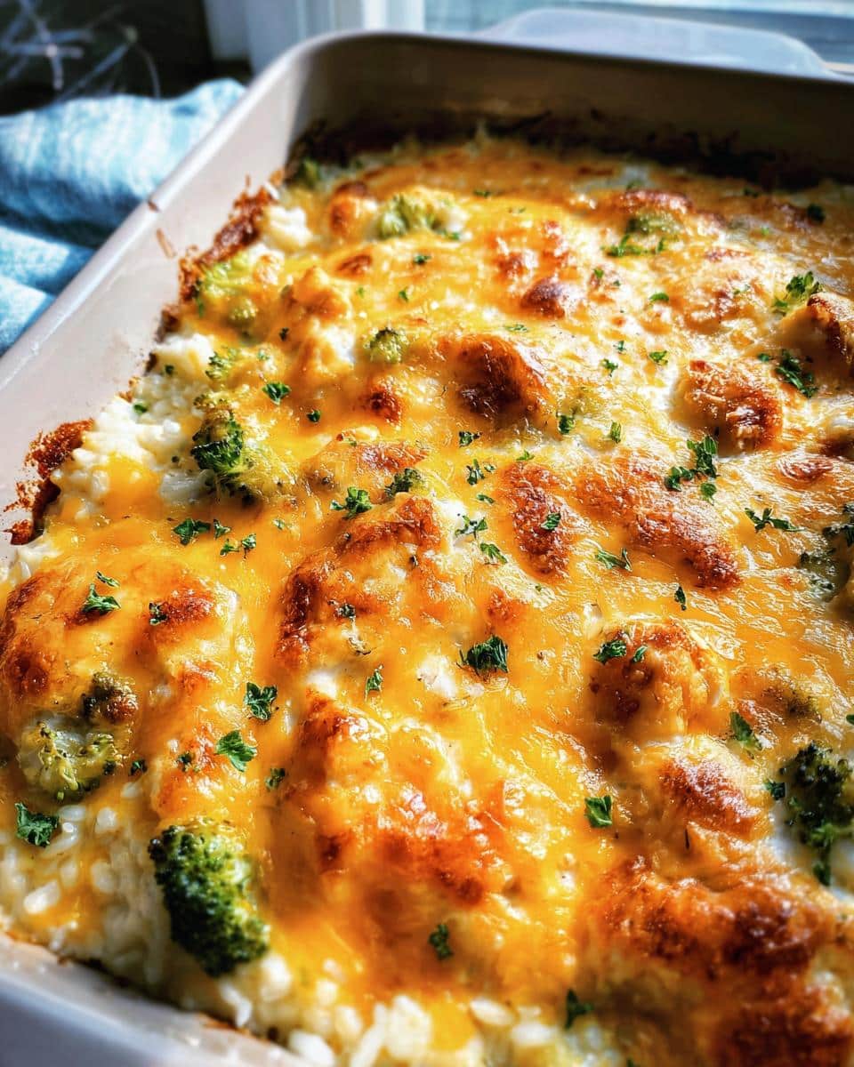 Close-up of a Cheesy Chicken Broccoli Casserole baked in a dish, topped with melted cheddar cheese and parsley.
