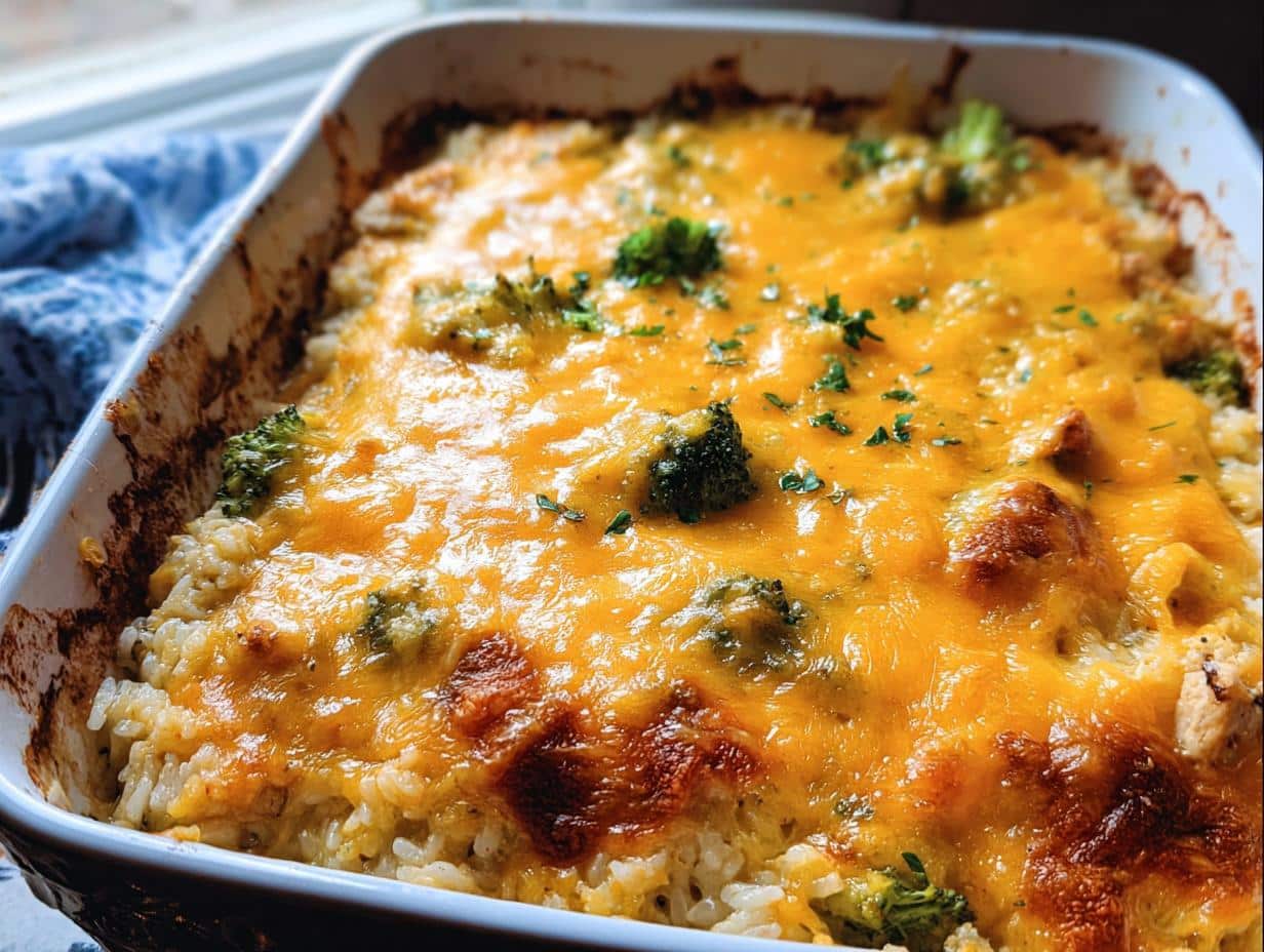 A close-up of a Cheesy Chicken Broccoli Casserole baked to golden perfection in a white casserole dish, topped with melted cheddar cheese and parsley.