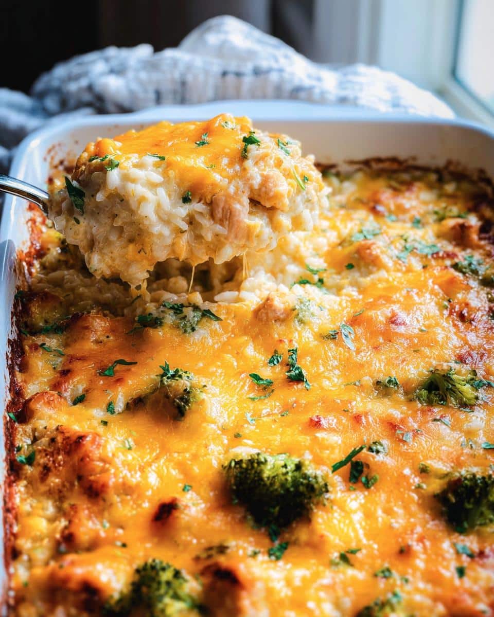 A spoonful of Cheesy Chicken Broccoli Casserole being lifted from a baking dish, showing melted cheese and rice.