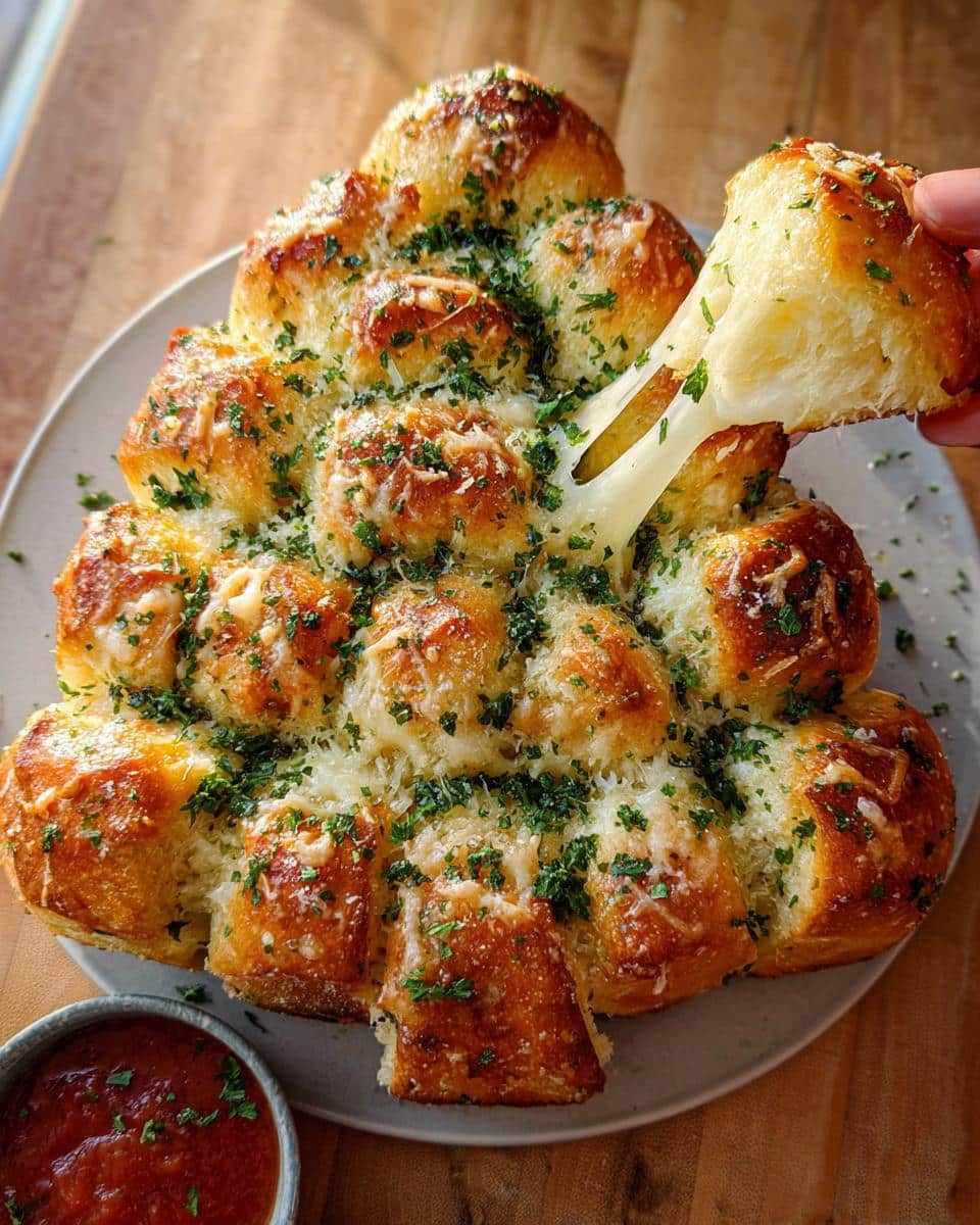 A hand pulling a piece from a baked Christmas Tree Pull-Apart Bread, showing a dramatic cheese stretch.